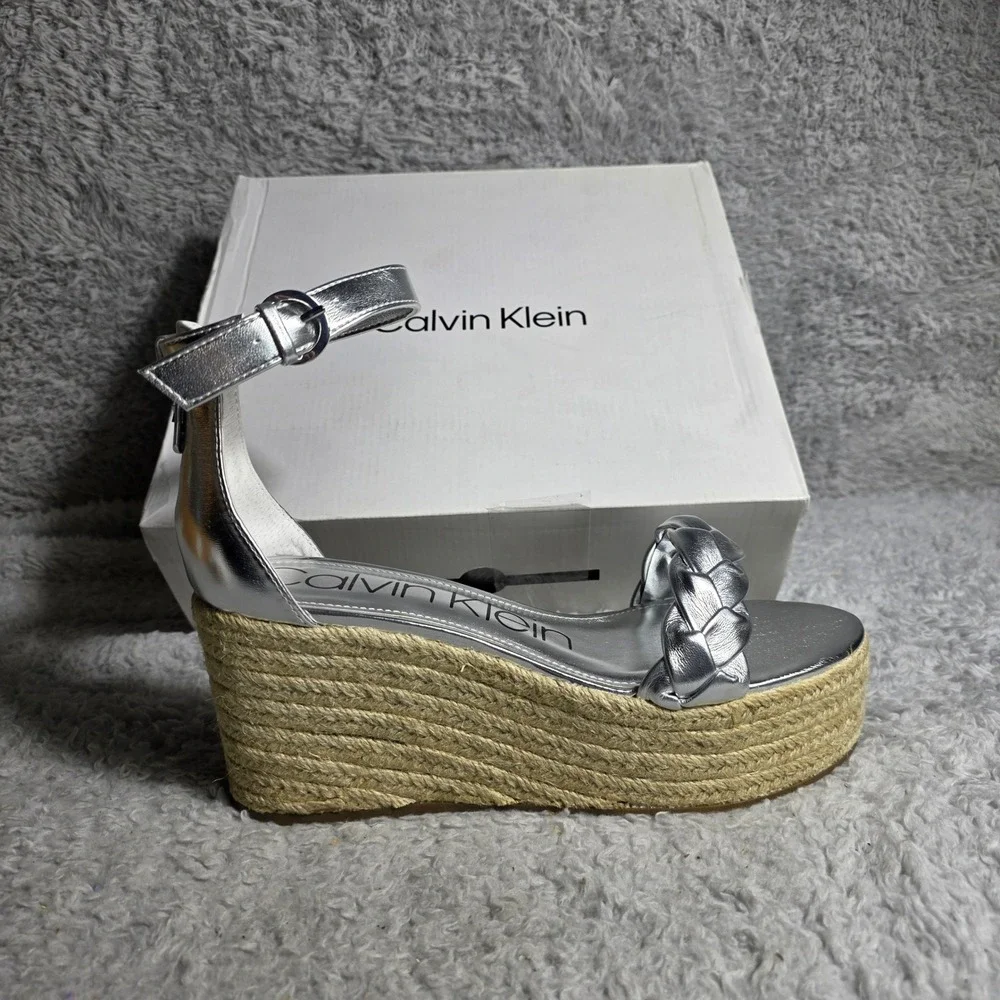 Calvin Klein Silver Metallic Leather‎ Espadrille Wedge Platform Sandals 9M NEW